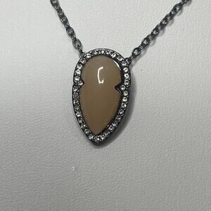 pendant necklace costume jewelry gunmetal gray peach rhinestone boho bohemian